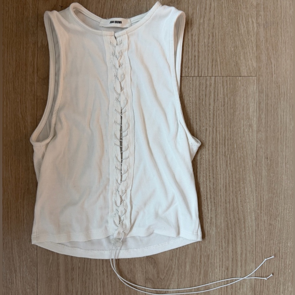 Joah Brown White Lace-Up Tank Top